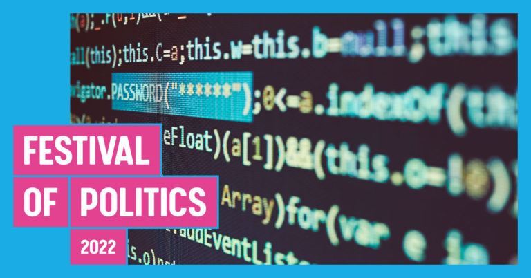 Image of blurred lines of code on a screen - FoP 2022 Twitter card for Data Vultures Destroying Democracy?