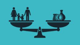 Welfare Scales showing family on one side and pile of money on the other