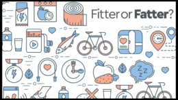 Image of text reading Fitter or Fatter surrounded by icons representing healthy eating and living, such as scales, water bottle, tape measure, bicycle, fish etc