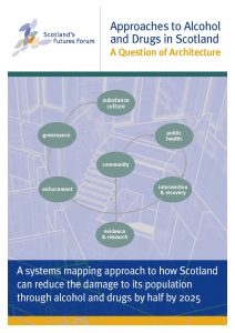 Front cover of paper with text: A systems mapping approach to how Scotland can reduce the damage to its population through alcohol and drugs by half by 2025