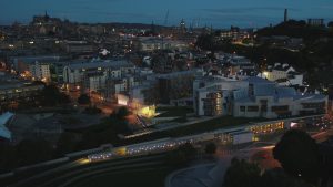 View of Scottish Parliament at dusk in winter