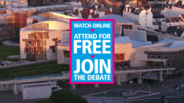 View of Scottish Parliament with caption: Watch online, attend for free, join the debate