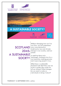 Event report front cover - Scotland 2045 : A sustainable society - September 2021