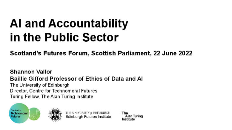 Image of Title slide of Shannon Vallor's presentation AI and Accountability in the Public Sector - 22 June 2022