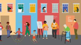 A coloured cartoon of a row of houses with several people of varying ages and skin colours in front