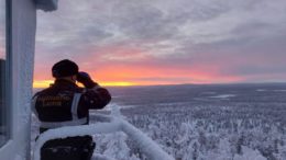 Man with binoculars looks over a large forest covered in snow