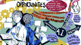 Illustration featuring two people working on computers, surrounded by educational and technological themes. Text phrases include 'Look to the horizon,' 'Opportunities,' 'Inspire,' 'Supportive second brain?,' 'We all remember the teachers who made a difference in our lives,' 'Learning + teaching,' 'Reduce teacher workload,' 'Focus on relationships,' 'Concern A.I. Balance Benefit,' 'Digital assessments are happening,' and 'Policy.' Background elements include gears and abstract shapes symbolizing innovation and progress in education