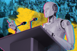 Bright graphic. a humanoid robot stands at a lectern as if giving a speech. The background is abstract.