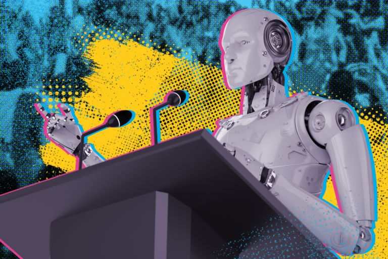 Bright graphic. a humanoid robot stands at a lectern as if giving a speech. The background is abstract.