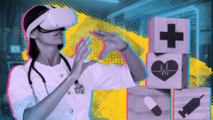 Bright graphic montage. A woman doctor in scrubs and a stethoscope around her neck wears a virtual reality headset as she moves her hands as if interacting with the technology. A tower of child's building blocks depict health icons, a pill, a syringe, a heart rate graphic.