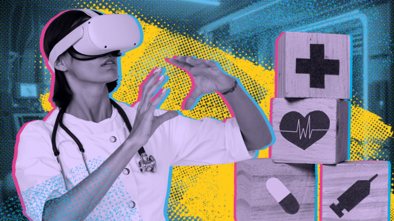 Bright graphic montage. A woman doctor in scrubs and a stethoscope around her neck wears a virtual reality headset as she moves her hands as if interacting with the technology. A tower of child's building blocks depict health icons, a pill, a syringe, a heart rate graphic.