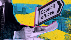 Sign pointing to council offices next to a person wearing a suit writing on documents, set against a colourful abstract background.