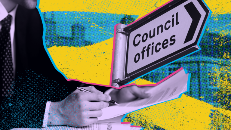 Sign pointing to council offices next to a person wearing a suit writing on documents, set against a colourful abstract background.