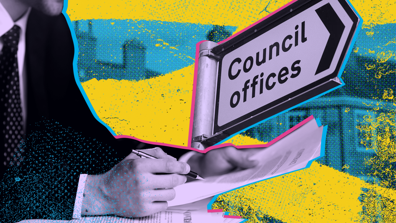 Sign pointing to council offices next to a person wearing a suit writing on documents, set against a colourful abstract background.
